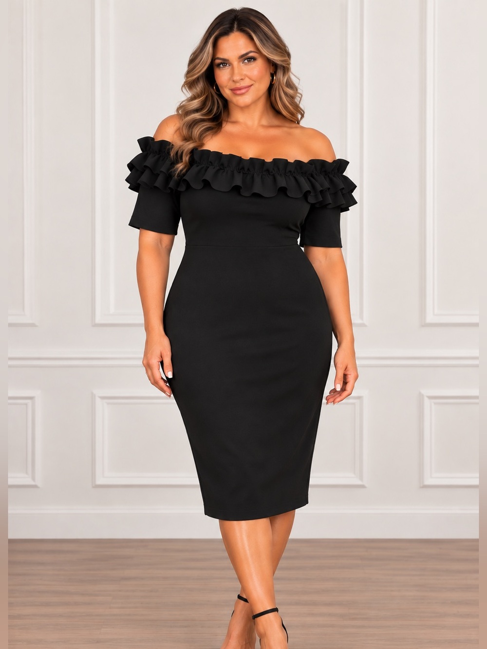 Xscape Black Off-Shoulder Ruffle Sheath Dress